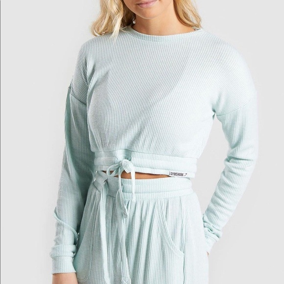 Gymshark Sweaters - Gymshark Mint Green Ribbed Cropped Pullover Sweatshirt Size Medium